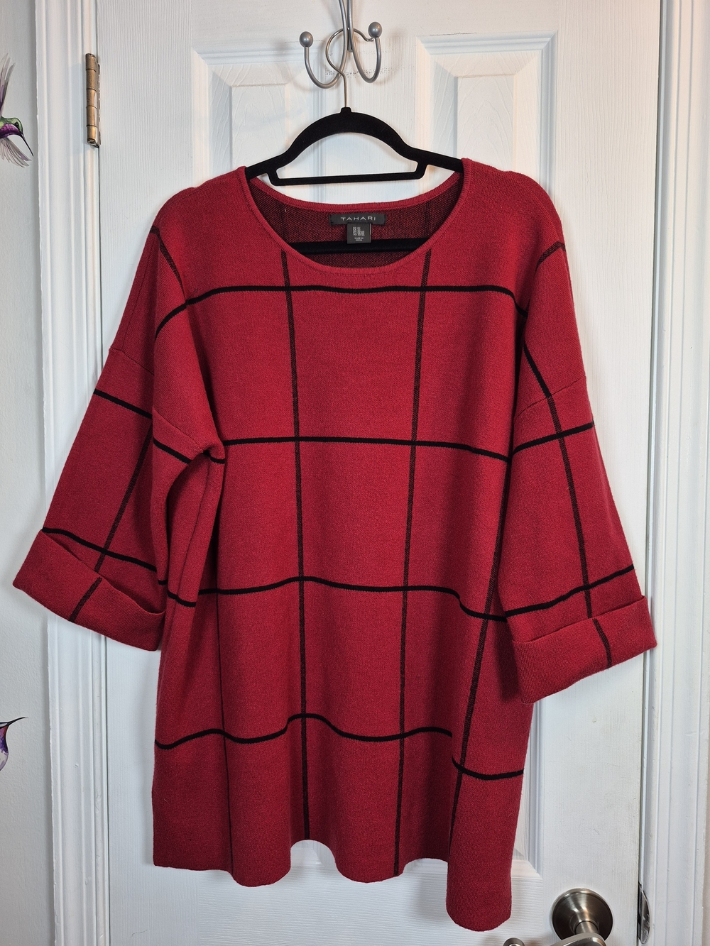 Tahari Red Black Windowpane Plaid Oversized Tunic Knit Sweater 2X